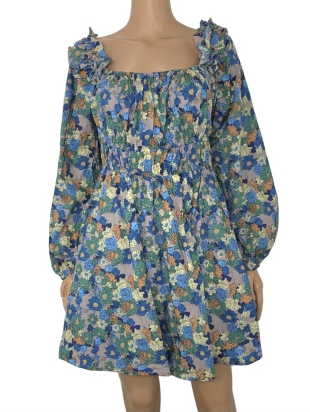 Entro Blue Floral Smocked Long-Sleeve Casual Dress Size L Large